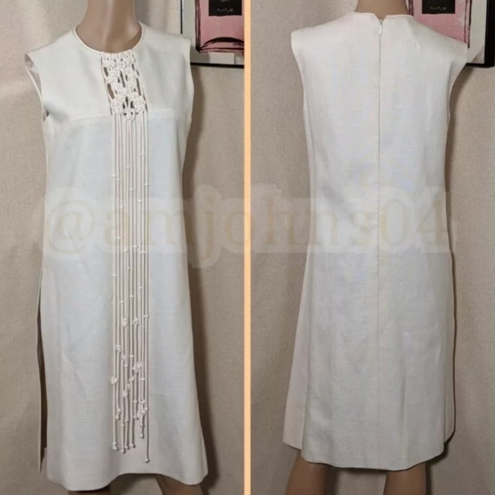 BH Wragge Vtg Midi Shift Rope Fringe Macrame Beaded Off White Midi Dress - Picture 2 of 15